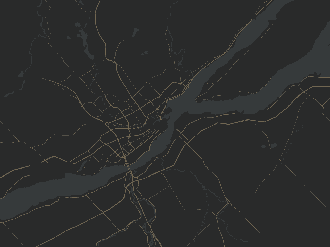 Carte sombre de la région de Québec : la zone desservie est mise en évidence autour de la ville, de part et d’autre du fleuve Saint-Laurent.