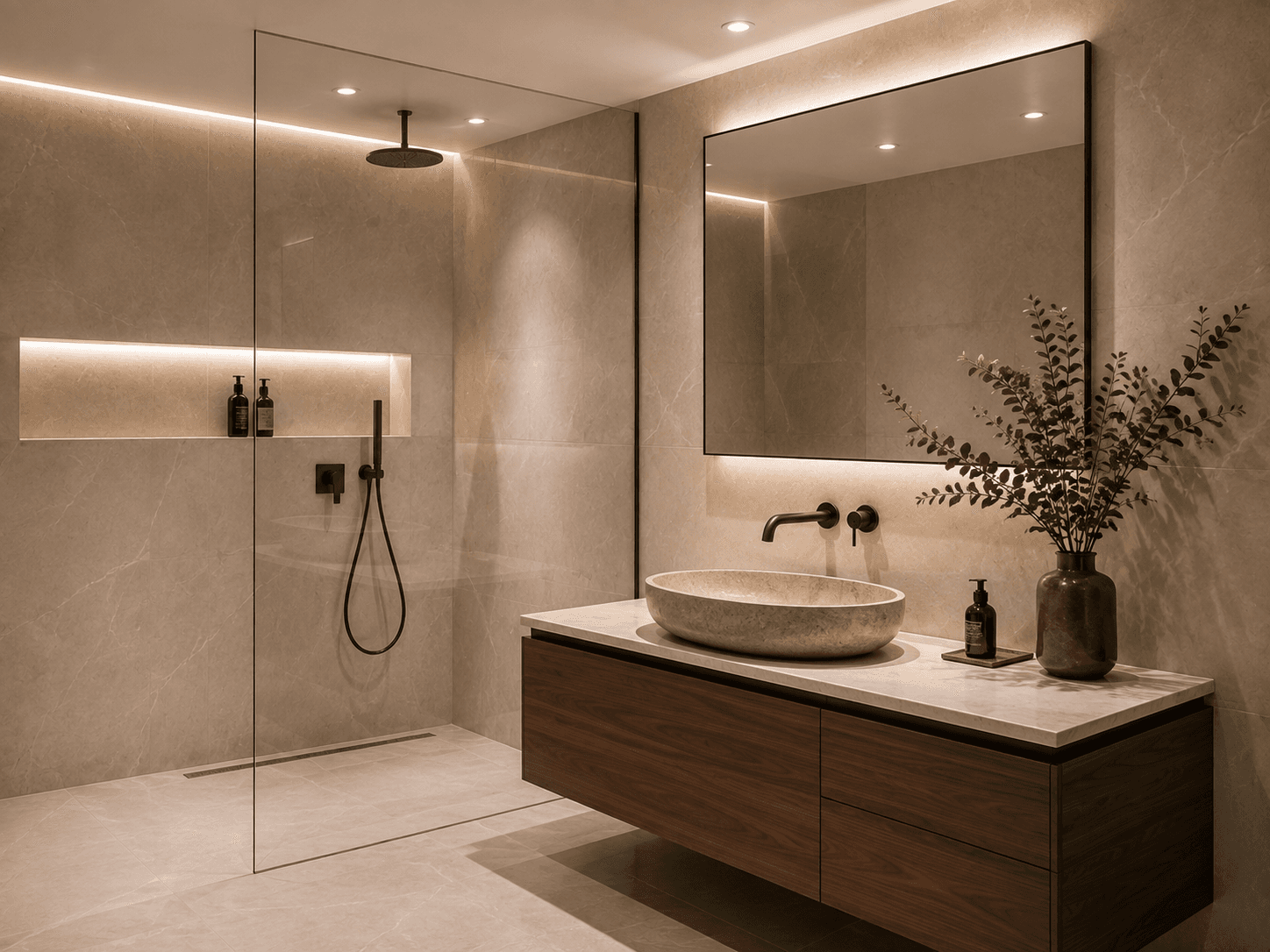 Douche vitrée sans cadre avec carrelage effet marbre et robinetterie noire.